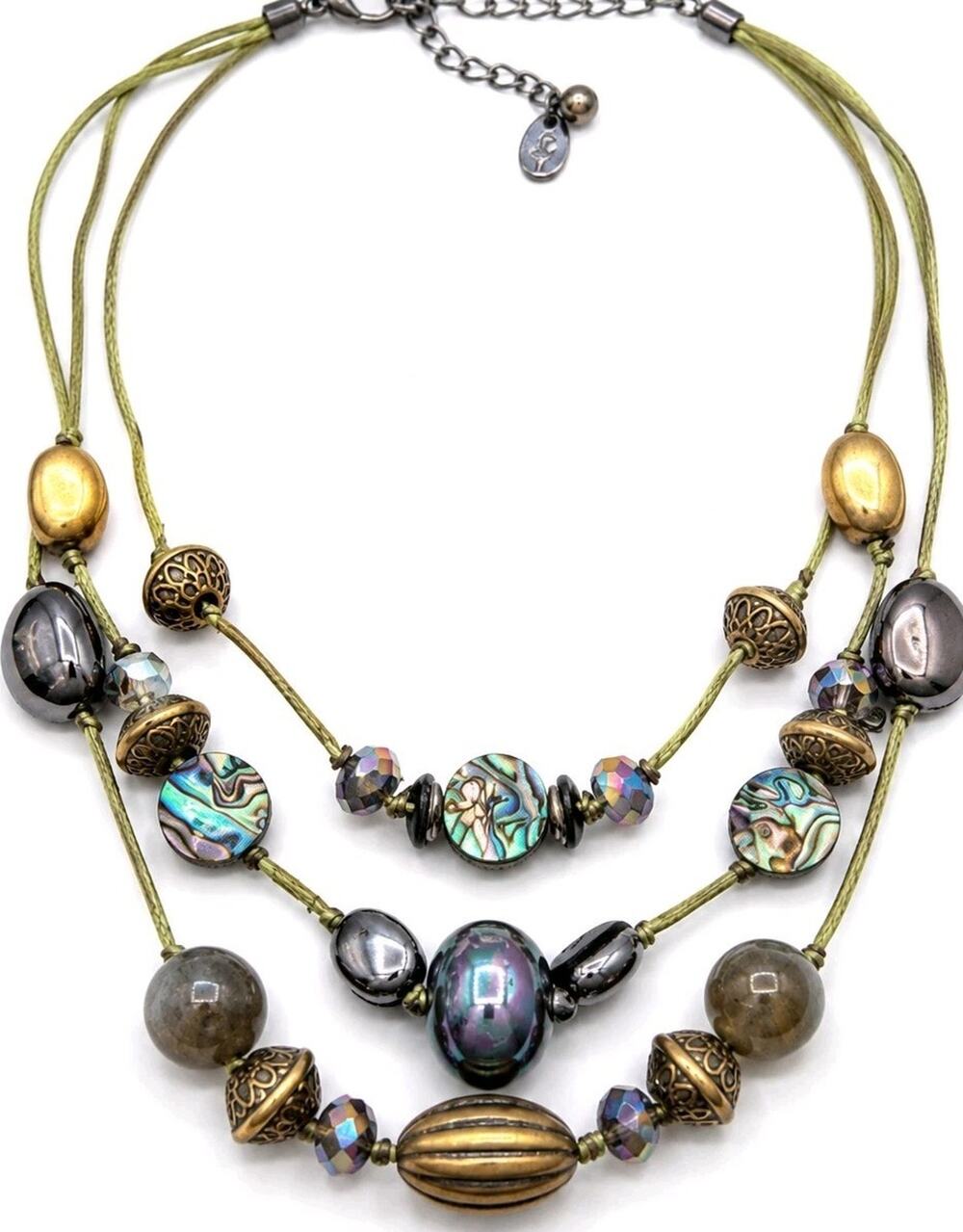 Chicos Layered Statement Necklace Abalone Shell Hematite Boho Festival Artisan